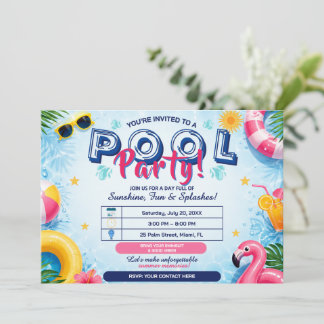 Summer Pool Party Bright Fun Editable Invitation
