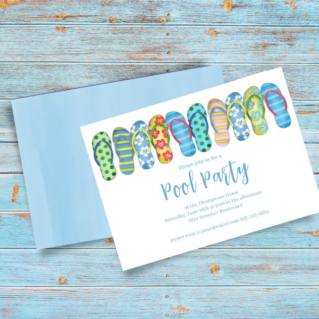 Summer Pool Party Cute Flip Flops  Invitation (Summer pool party whimsical flip flops invitation.)
