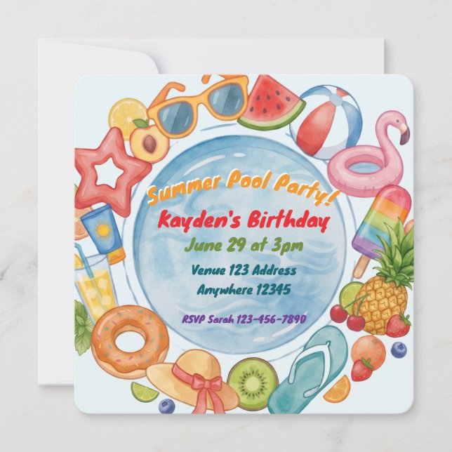 Summer Pool Party Illustrated  Invitation (Front)