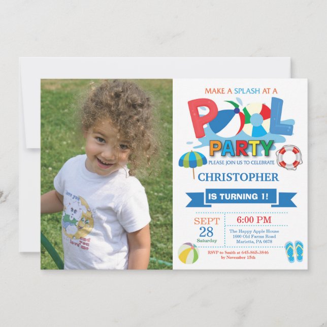 Summer Pool Party Invitation Splish Splash Boy (Front)