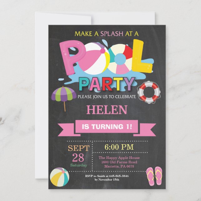 Summer Pool Party Invitation Splish Splash Girl (Front)