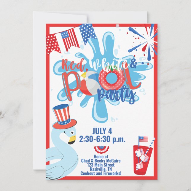 Summer Pool Party July 4th Memorial Day Red Blue Invitation (Front)