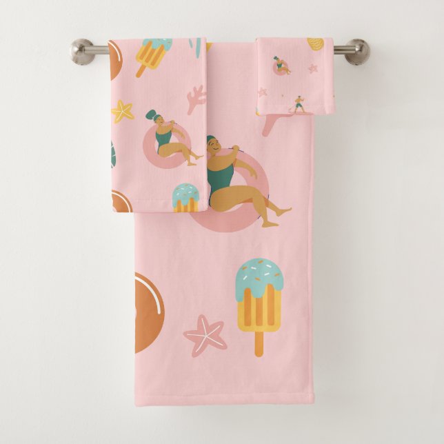 Summer Pool Party Pastel Pink Bath Towel Set (Insitu)