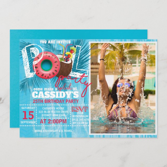 Summer Pool Party Photo Birthday Invitation (Front/Back)