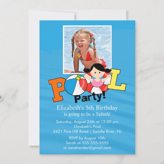 Summer POOL Party PHOTO Birthday Invitation Girl (Front)