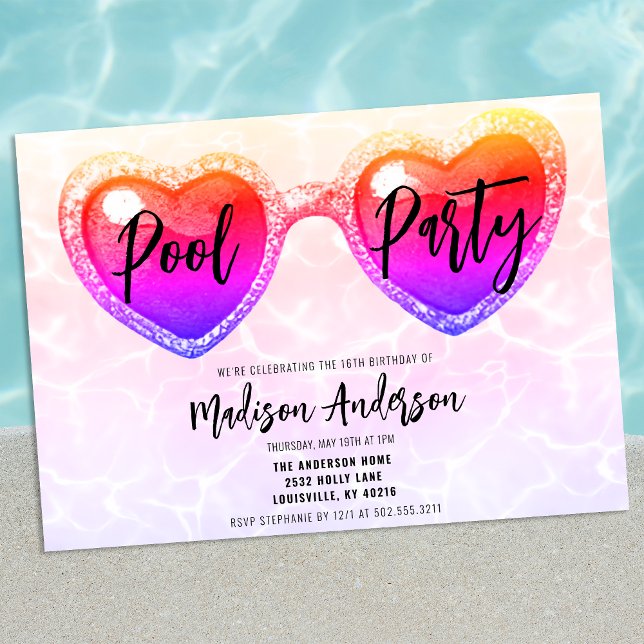 Summer Pool Party Sweet 16 Sunglasses Birthday Invitation (Creator Uploaded)