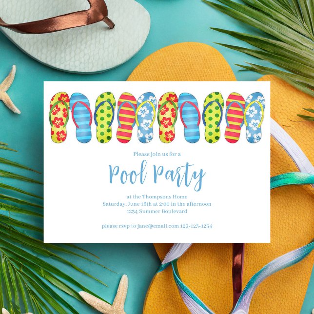 Summer Pool Party Trendy Flip Flops Invitation (Summer pool party whimsical flip flops invitation.)