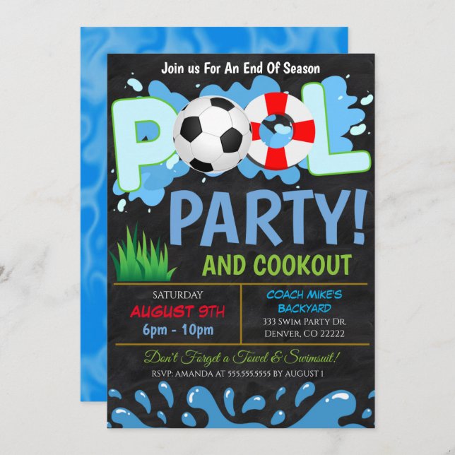 Summer Pool Soccer Party Invitation (Front/Back)