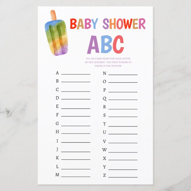 Summer Popsicle Baby Shower Game ABC (Front)