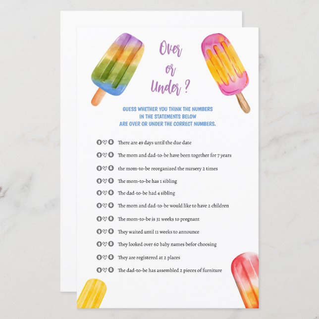 Summer Popsicle Baby Shower Game Over Or Under (Front/Back)