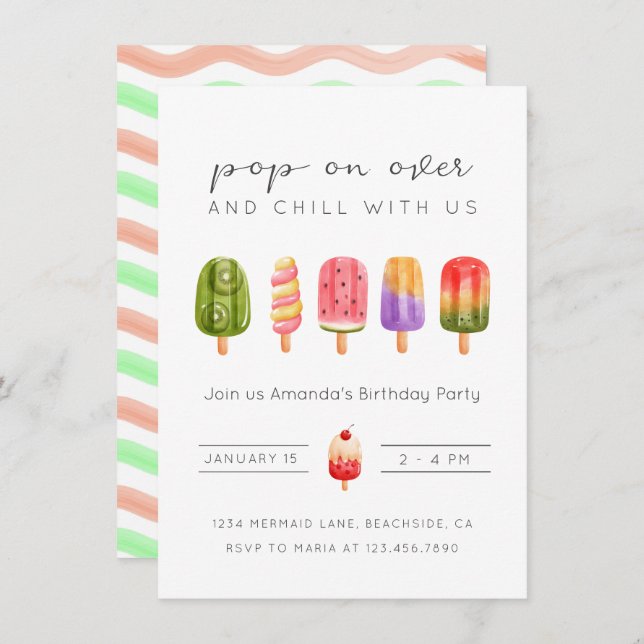 Summer popsicle ice cream birthday invitation (Front/Back)