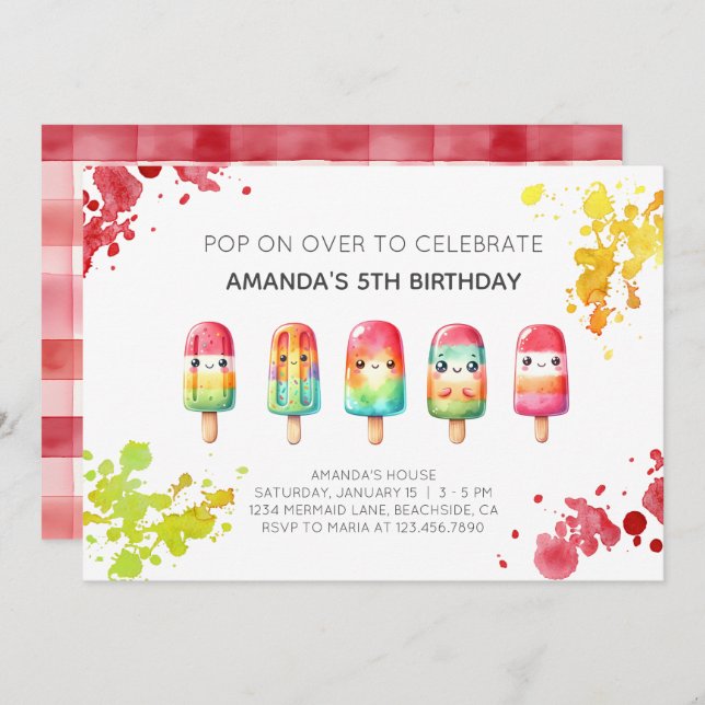 Summer popsicle ice cream birthday party invitation (Front/Back)