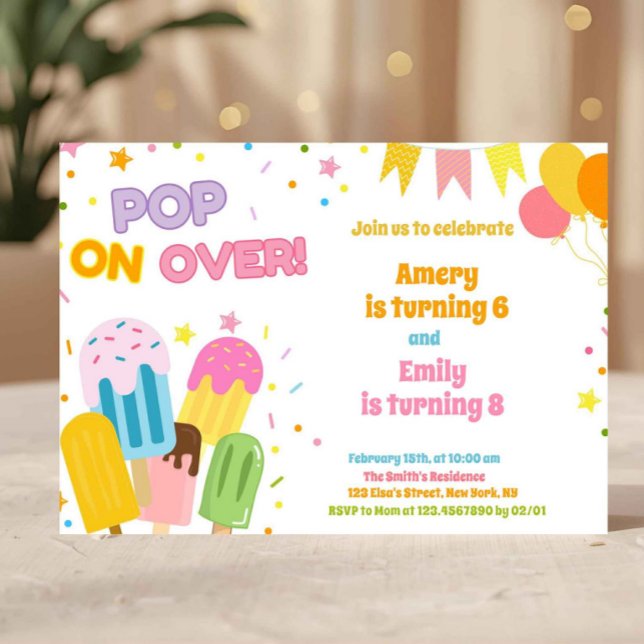 Summer Popsicle Kids Joint Birthday  Invitation (popsicle birthday invite, pop on over invitation, ice cream party invite, summer birthday invite, ki)