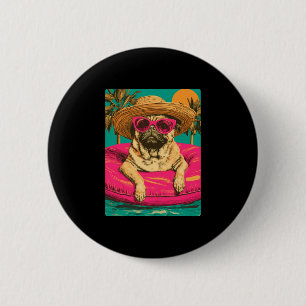 Summer pug with sunglasses cute dog tropical pool 6 cm round badge