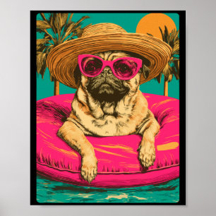 Summer pug with sunglasses cute dog tropical pool poster