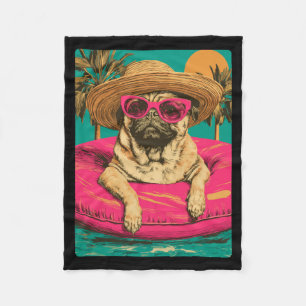 Summer Pug With Sungles Cute Dog Tropical Pool Fleece Blanket