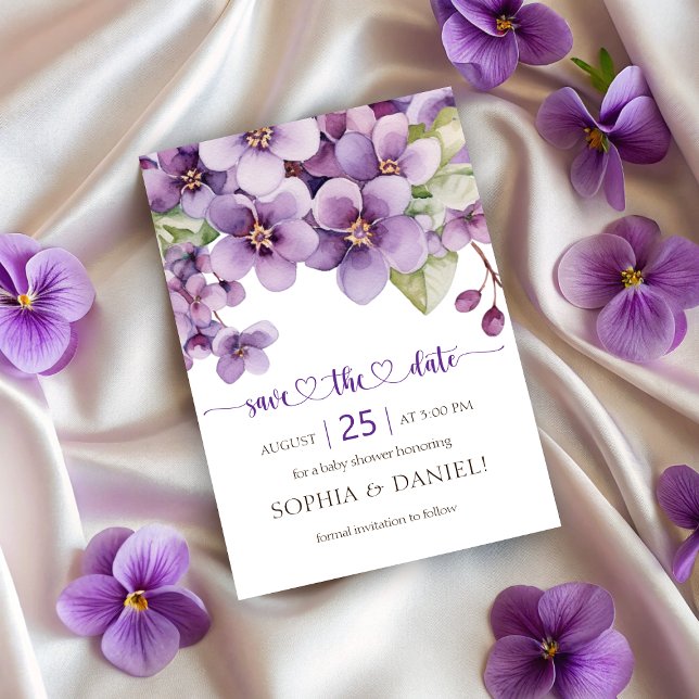 Summer Purple  Delicate Violet Flowers Baby Shower Save The Date (Summer Purple Delicate Violet Flowers Baby Shower Save The Date)