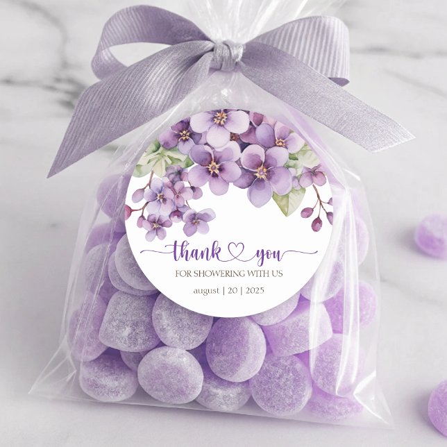 Summer Purple Delicate Violet Flowers Thank You Classic Round Sticker (Summer Purple Delicate Violet Flowers Thank You Classic Round Sticker)