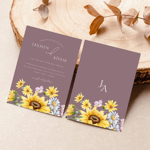 Summer Purple Sunflowers Monogram Wedding Invitation