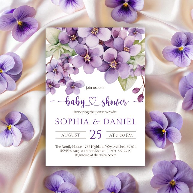 Summer Purple Violet Flowers Baby Shower Invitation (Summer Purple Violet Flowers Baby Shower Invitation)
