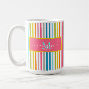 Summer Rainbow Stripes Monogram Script Coffee Mug