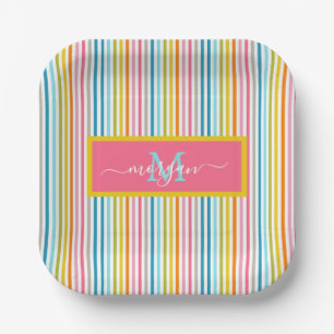 Summer Rainbow Stripes Monogram Script Paper Plate
