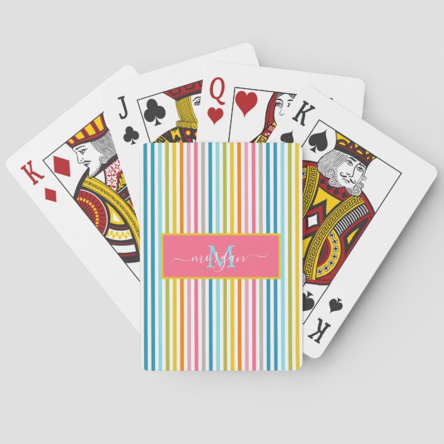 Summer Rainbow Stripes Monogram Script Playing Cards (Back)