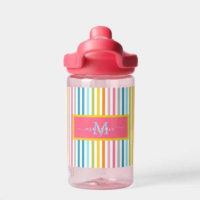 Summer Rainbow Stripes Monogram Script Water Bottle (Back)