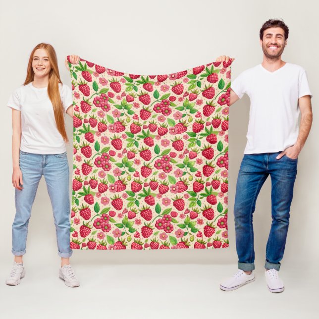 Summer Raspberry Garden Botanical Fruit Pattern Fleece Blanket (In Situ)