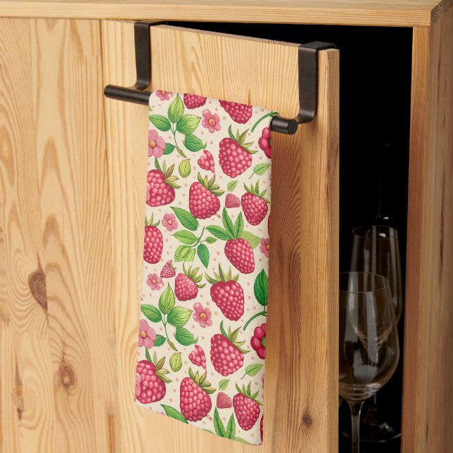Summer Raspberry Garden Botanical Fruit Pattern Tea Towel (Thirds Fold)