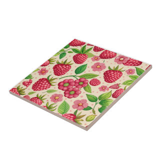 Summer Raspberry Garden Botanical Fruit Pattern Tile