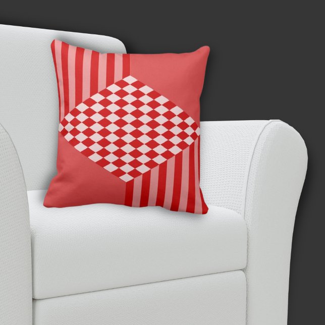 Summer Red  Geometric Stripes Diamond Checkers Cushion (Centered Diamond Pattern Red Pillow)