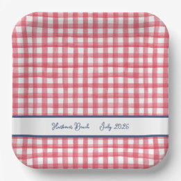 Summer Red Gingham, Chequered July 4th Paper Plate