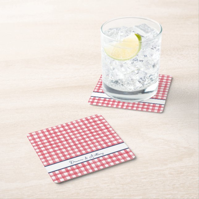 Summer Red Gingham, Chequered July 4th Square Paper Coaster (Insitu)