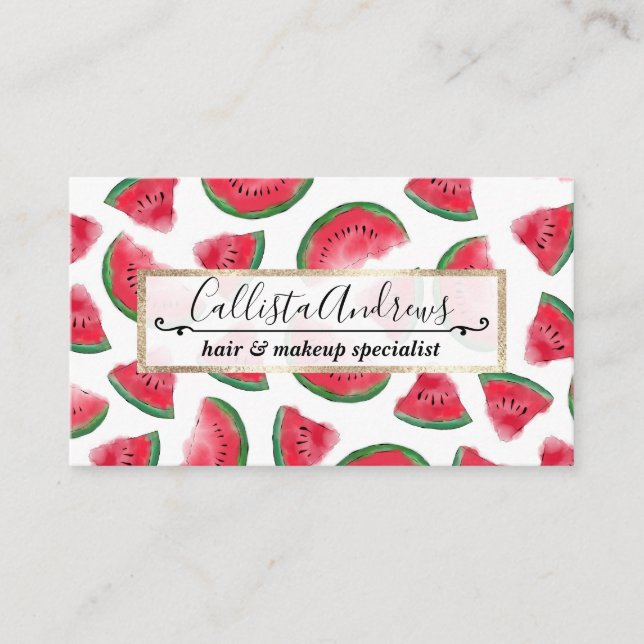 Summer Red Green Watermelon Watercolor Pattern Business Card (Front)