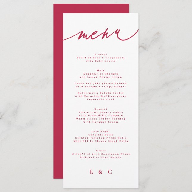 summer red magenta the wedding Calligraphy Menu (Front/Back)