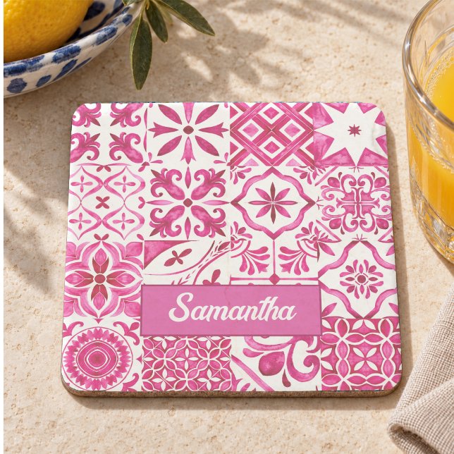 Summer Red Majolica Sicilian Tile Pattern Stone Coaster (Creator Uploaded)