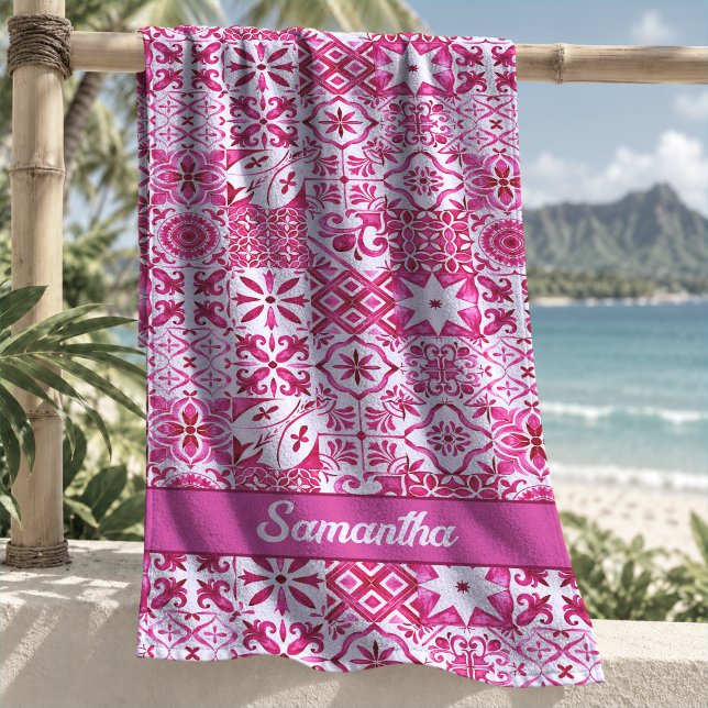 Summer Red Sicilian Majolica Tile Pattern Beach Towel (Creator Uploaded)