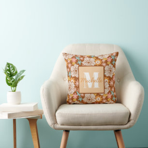 Summer Retro Flower   Monogram Throw Pillow