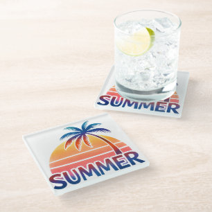 Summer retro sunset palm tree glass coaster
