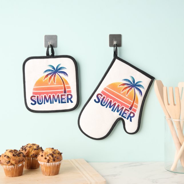 Summer retro sunset palm tree oven mitt & pot holder set (Insitu(Hanging))