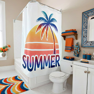 Summer retro sunset palm tree shower curtain