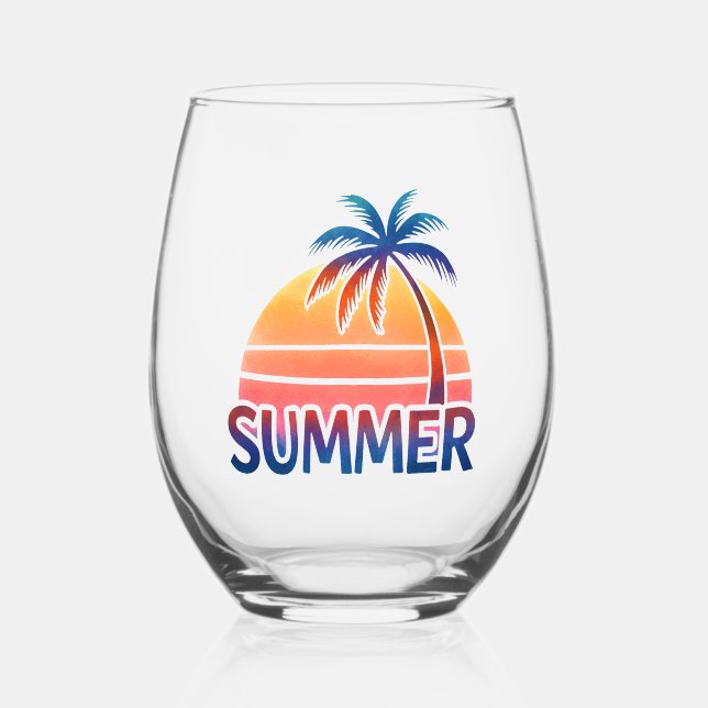 Summer retro sunset palm tree stemless wine glass (Front)