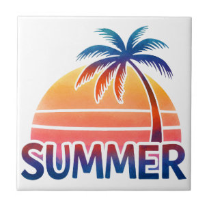 Summer retro sunset palm tree tile