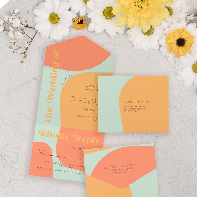 Summer retro vibes bold abstract wedding rsvp all in one invitation (Creator Uploaded)