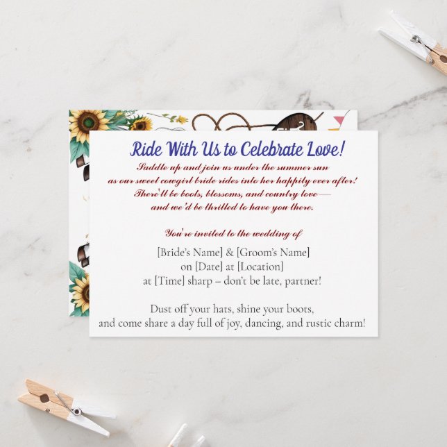 Summer Ride to Forever – Cowgirl Wedding Bliss" Invitation (Front/Back In Situ)