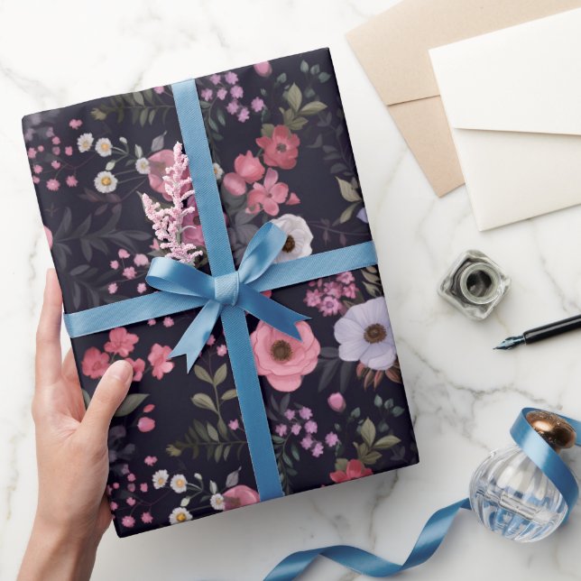 Summer Rose Pattern On Black Wrapping Paper (Gifting)