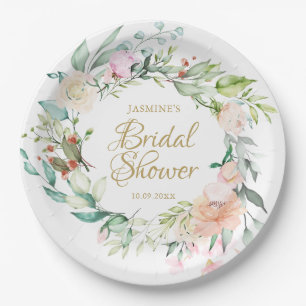 Summer Rose Watercolour Gold Script Bridal Shower Paper Plate