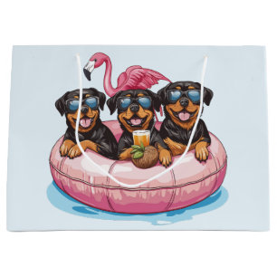 Summer Rottweiler Dogs Flamingo Pool Tube Large Gift Bag