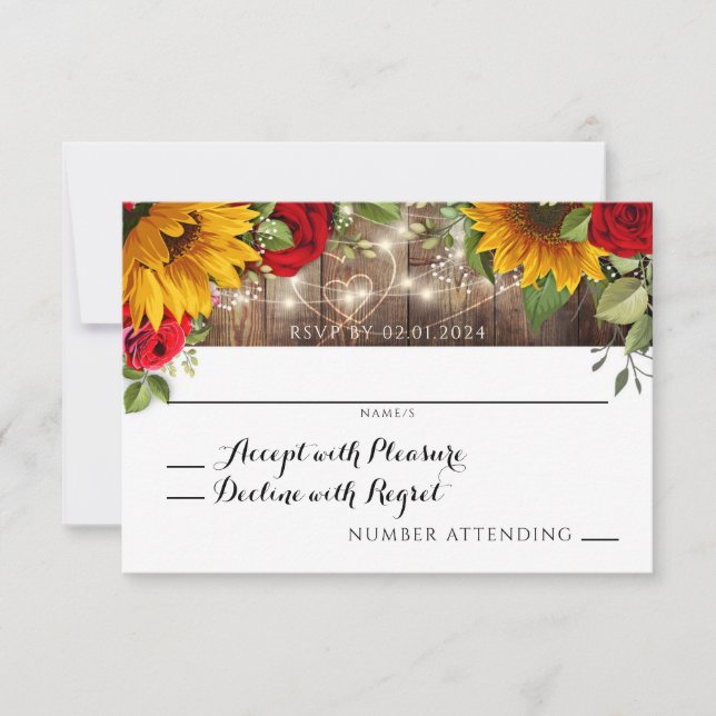 Summer Rustic Sunflower and Red Roses RSVP Card (Front)